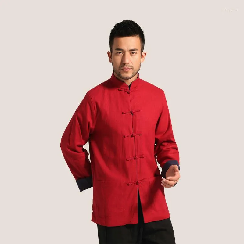 Vestes pour hommes Costume Tang Veste à manches longues pour hommes Collier chinois rétro coton lin tissu grossier double face nouveauté décontractée