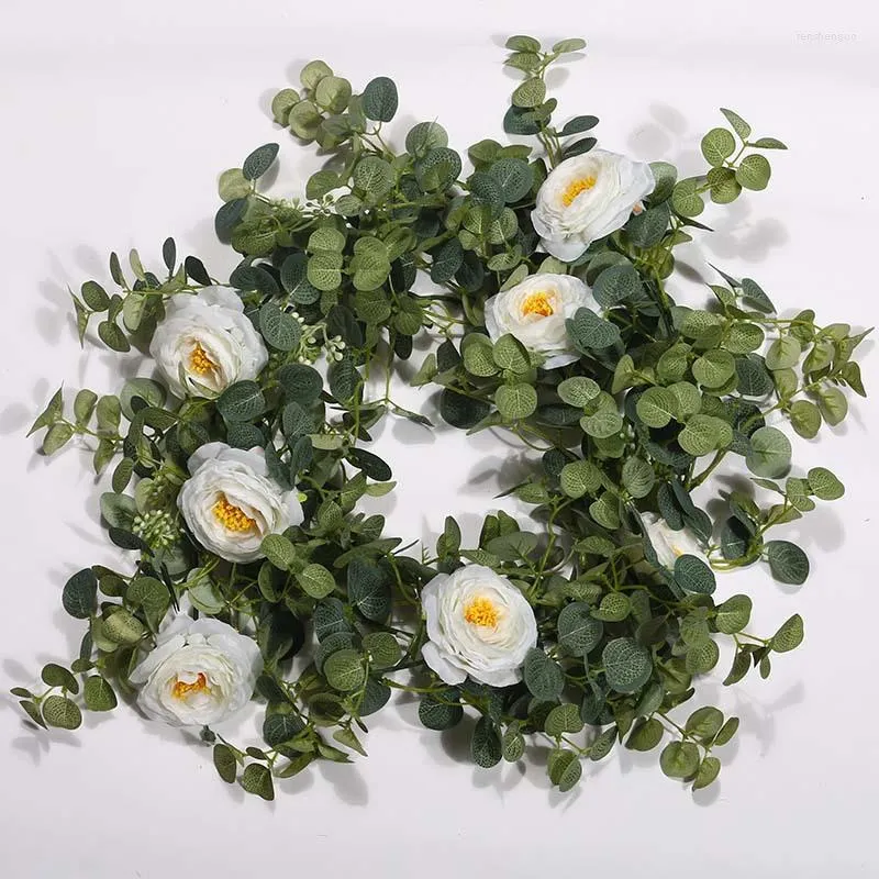 Decorative Flowers Artificial Camellia Peony Vine Eucalyptus Leaf Rattan Wedding Hall Wreath Layout Home Balcony Garden Plant Flower