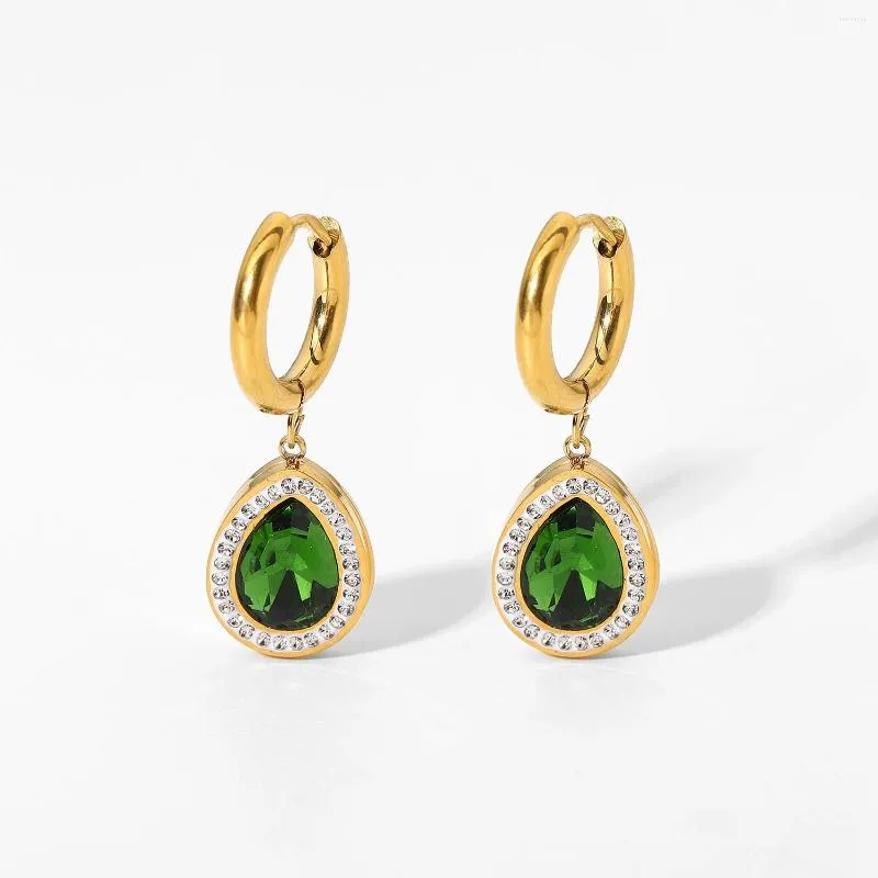 Boucles d'oreilles de luxe en acier inoxydable Zircon goutte d'eau balancent oreille bijoux 18K or cerceau noir violet vert cristal pour les femmes