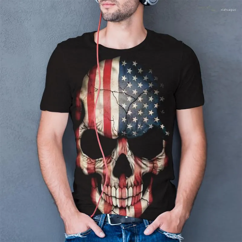 メンズTシャツメンズTシャツ代替ウルトラ薄型通気性スカルUSAナショナルフラッグプリントシャツストリートゴシックハラジュク