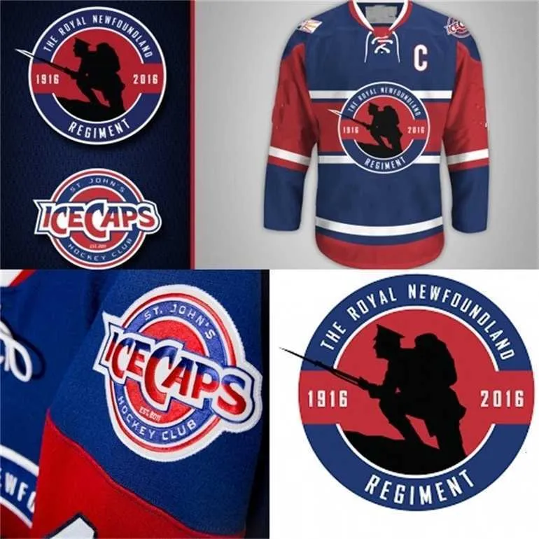 Iccaps Gla Mit St. John's Icecaps раскрыть Королевский Ньюфаундлендский полк Джерси 100-летие хоккейных майков Бомонта-Хамел Голубые