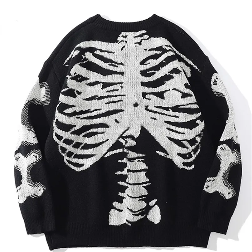 Herrtr￶jor m￤n ￶verdimensionerade svart l￶sa skelett bentryck kvinnor vintage retro stickad h￶st bomull pullover unisex 220922
