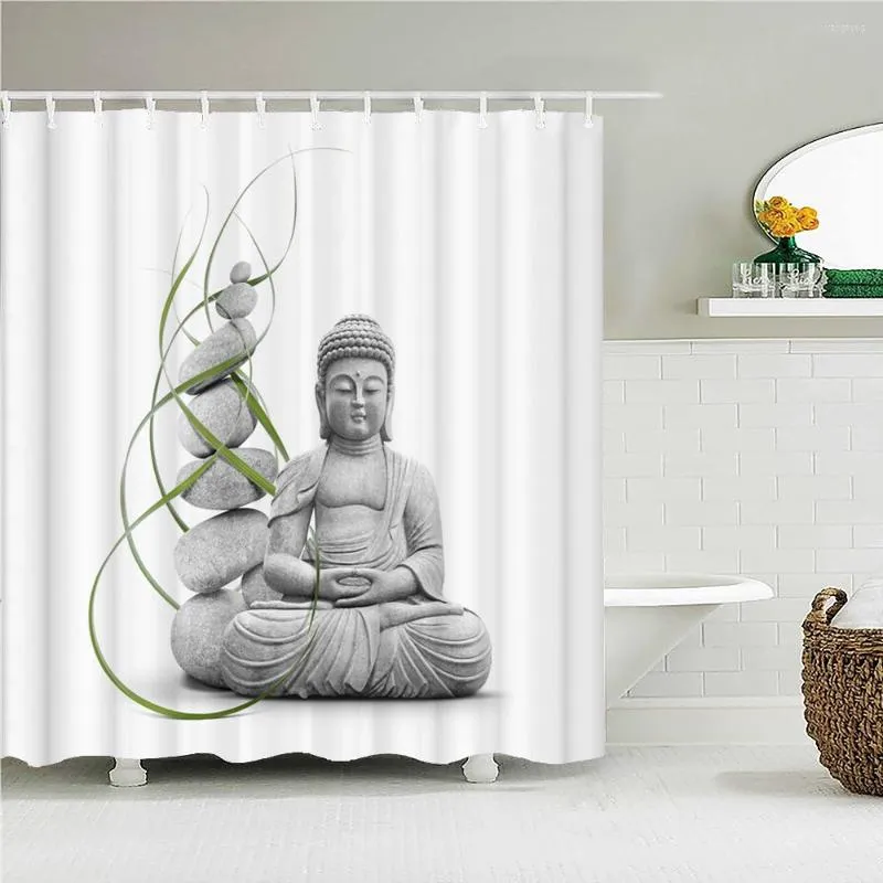 Tende da doccia Statua di Buddha Tenda Zen Pietra 3D Bianco Schermi da bagno Poliestere impermeabile Giardino Sfondo Decorazione da parete Bagno