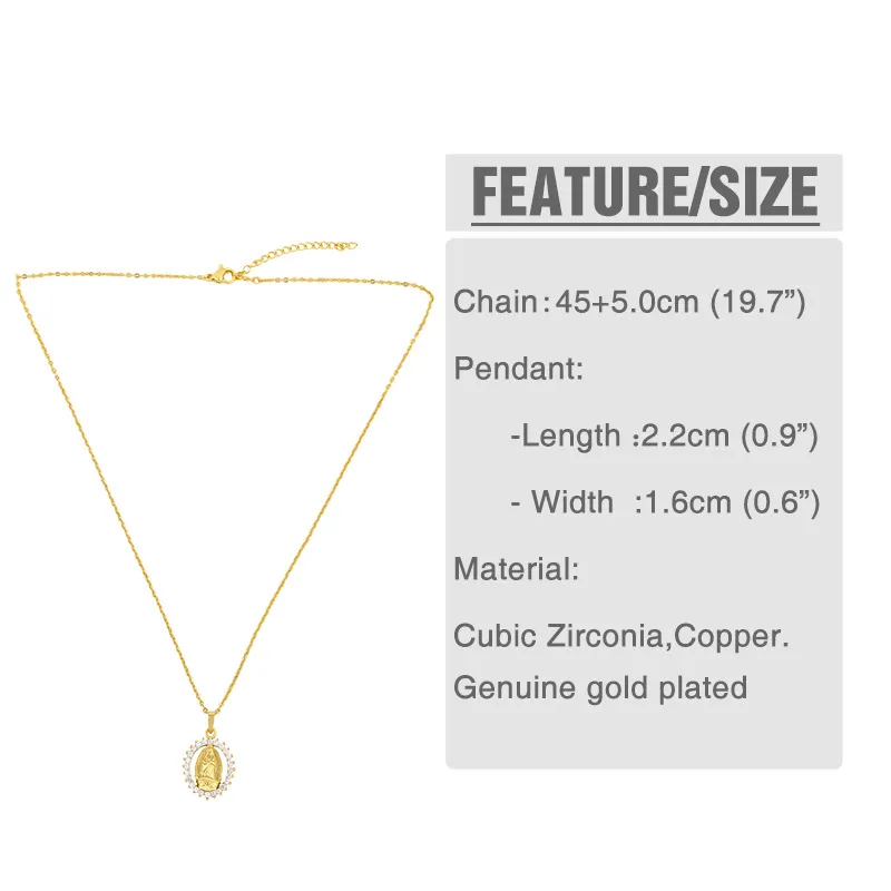 Religious Virgin Mary Pendant Necklace for Women, 18K Gold Plated Iced ...