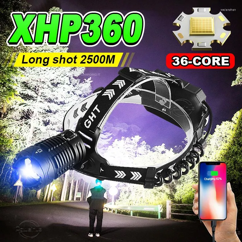 Projecteurs 36-Core XHP360 le plus puissant phare LED Usb tête Rechargeable XHP199 phare haute puissance 18650 lampes de pêche