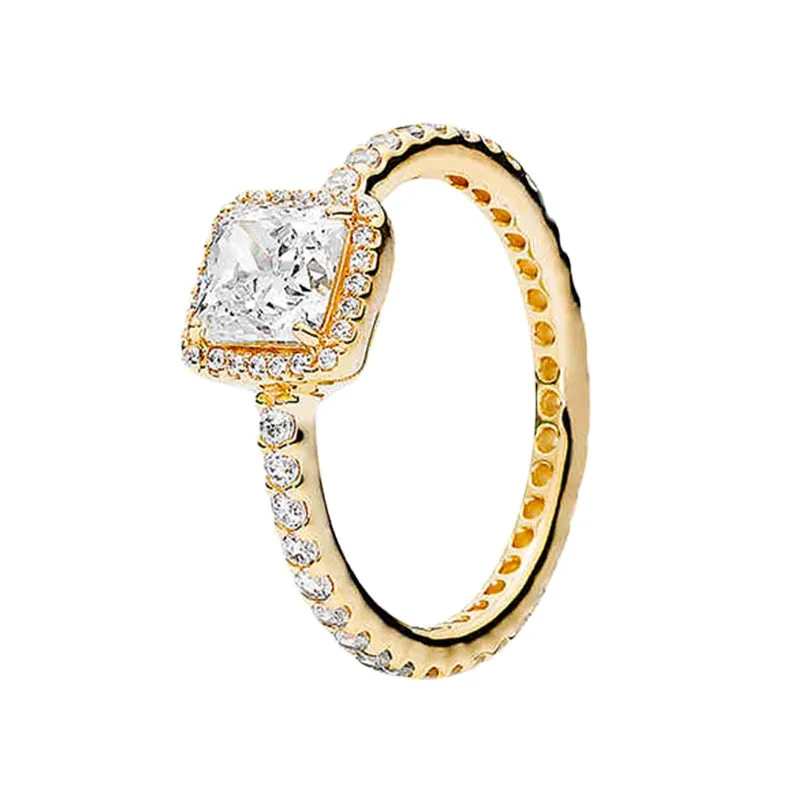 Sarı altın kaplama kare ışıltı halo tasarımcı yüzüğü güzel kadın düğün hediye orijinal kutu pandora için orijinal kutu gerçek gümüş nişan yüzükleri set cz elmas