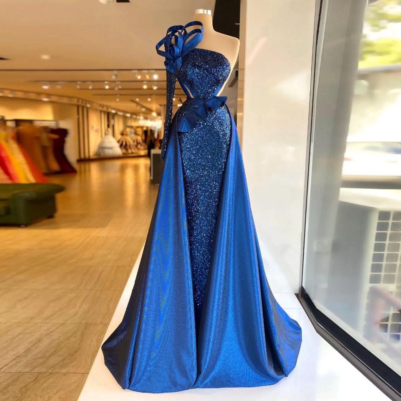 Royal Blue Prom Dresses Sequined with Overskirts One Shoulder Party Dresses Vintage Floor Length Custom Made Evening Dress