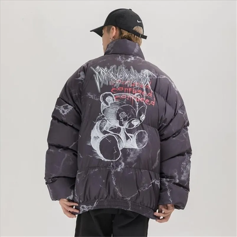 Herren Daunenparkas Hip Hop Jacke Parka Hurt Bear Print Männer Winter Oversize Windjacke Streetwear Harajuku Gepolsterter Mantel Warm Outwear Hipster 220924