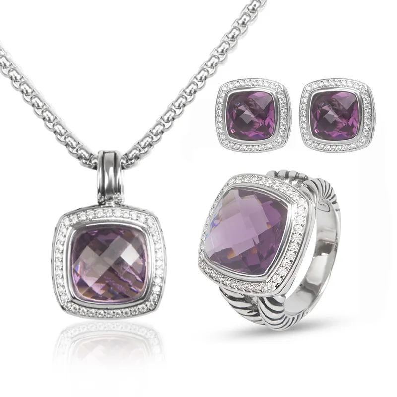 Halskette Set Amethyst 14mm Schmuck für Frauen Sets Zirkon Schmuck Anhänger Ringe