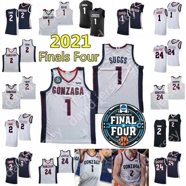 Mitch 2021 Final Four 4 NCAA College Gonzaga Basketball Jerseys 1 Jalen Suggs 2 Drew Timme Corey Kispert Jersey Domicile Extérieur Blanc Gris Marine Noir