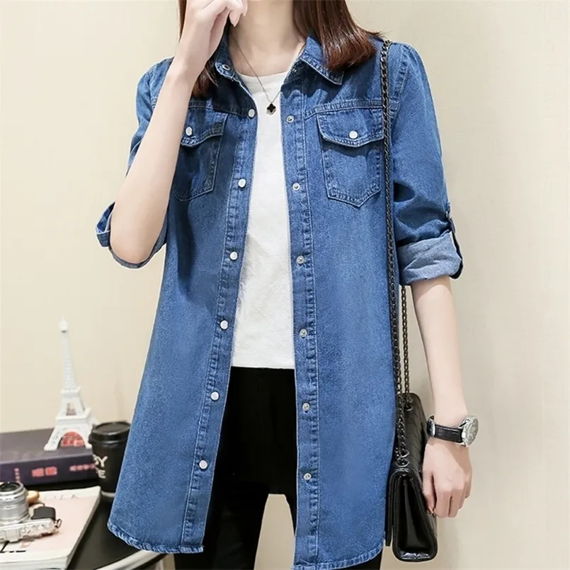 Blouses voor dames shirts klassieke solide lange mouw middenlengte denim shirt voor dames manchet blauw slank blouse kantoorwerk dame lady spring jean jas 220923