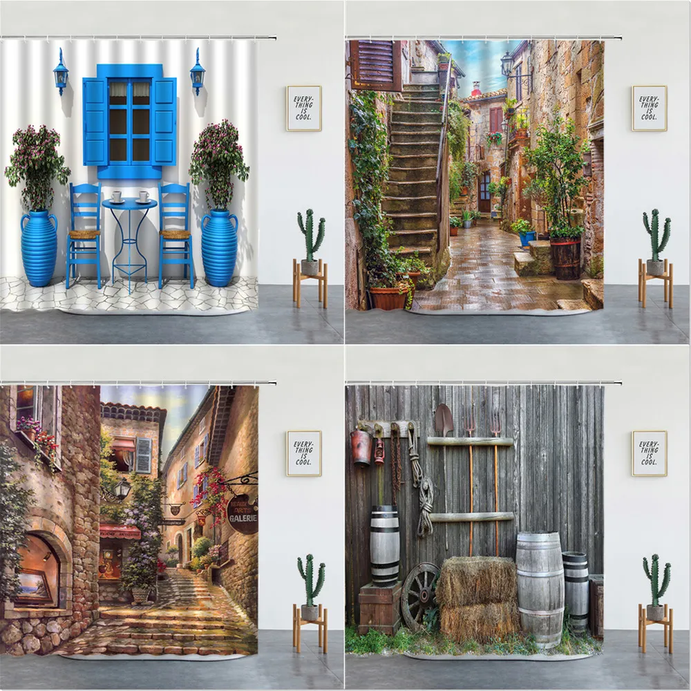 Shower Curtains Landscape Set 3d European Rural Town Street Flower Scenery Wall Hanging Bathroom Decor Bathtub Screen With Hooks 220926