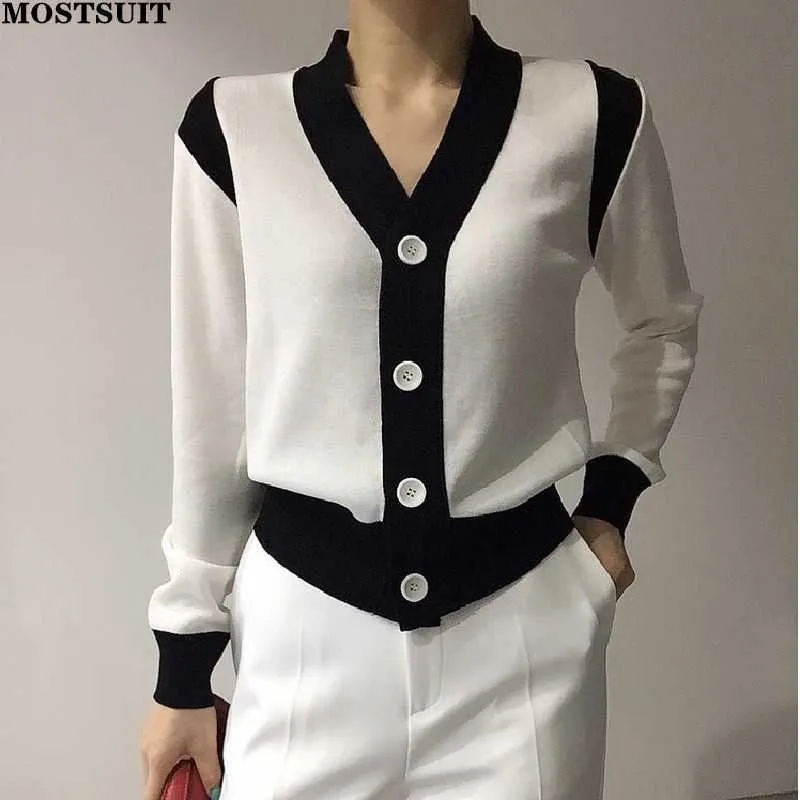 Maglioni da donna Cardigan lavorato a maglia color block coreano Top Donna Maglioni monopetto con scollo a V a maniche lunghe Elegante Chic Fashion Ladies Jumpers T220925