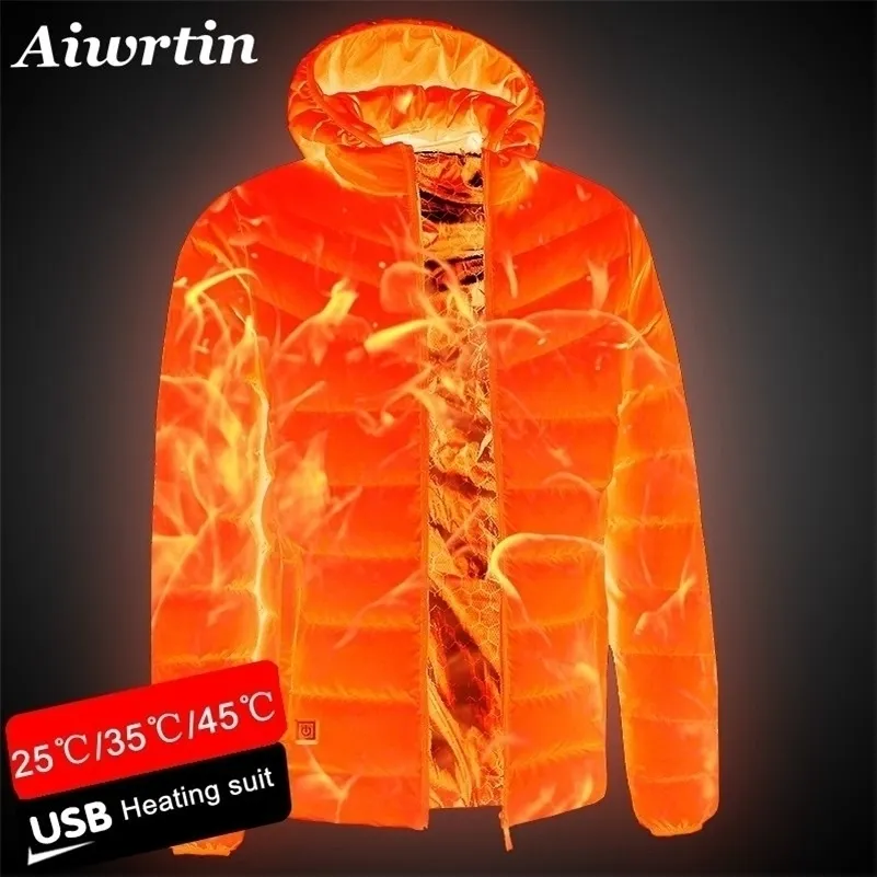 Men's Down Parkas Men Heated Jackets Outdoor Coat USB Electric Battery Long Sleeves Heating Hooded Warm Winter Thermal Clothing 220924