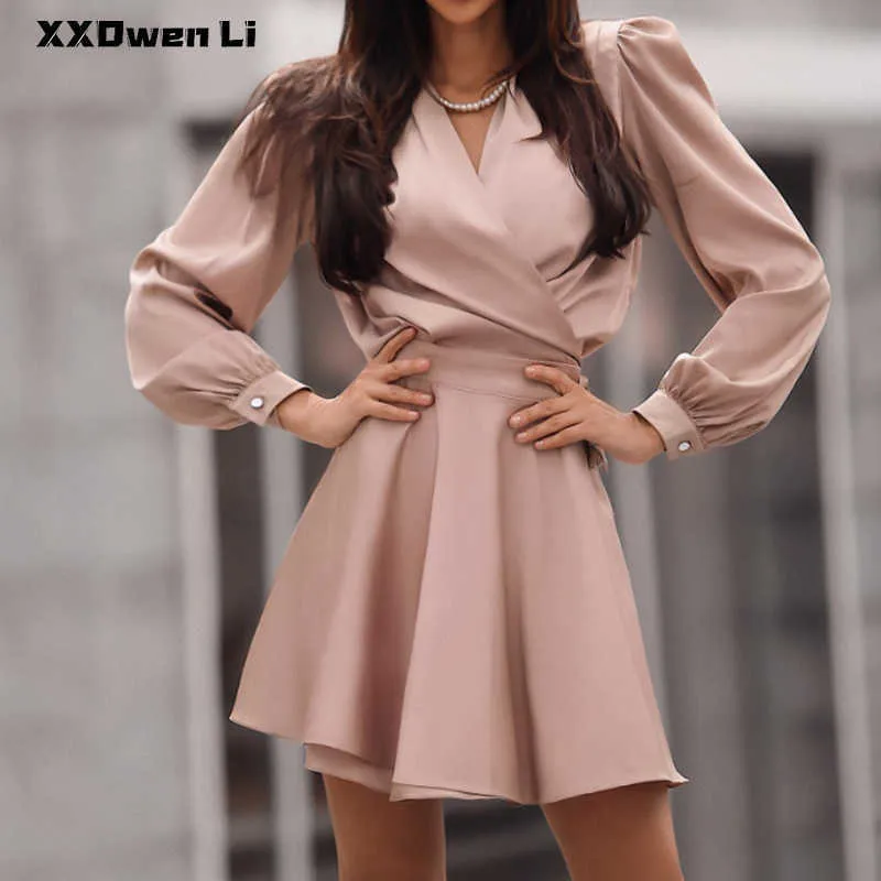 Casual Dresses Women Elegant Silk Noodles Solid Color Slim Mini Dress Autumn Casual Wrap Long Sleeve Belt Fashion A-Line Short Dress Party Y2209