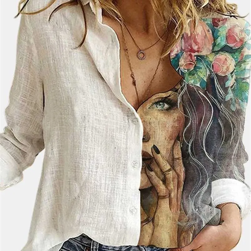 Women's Blouses Shirts Loose Retro Digital Portrait Printing Women's Shirt Casual Button Cardigan Autumn Style Ladies Blouse Ropa De Mujer 220923