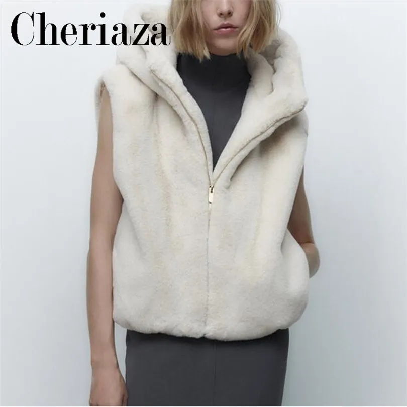 Vestes Femme Cheriaza Automne Hiver Femme Gilet À Capuche En Fausse Fourrure Blanc Sans Manches Garder Au Chaud Col Montant Gilet Poche Zippée Débardeur Femme 220927