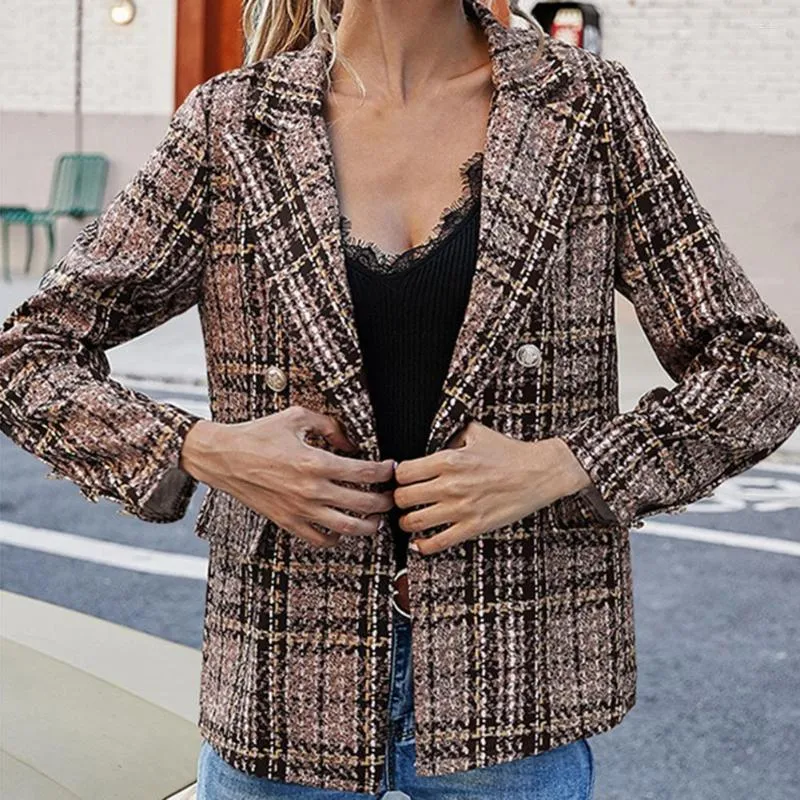 Women's Suits Women Blazer Jackets Lapel Long Sleeve Plaid Print Flap Pockets Suit Coat Double Breasted Jacket Formal Office Lady Mujer