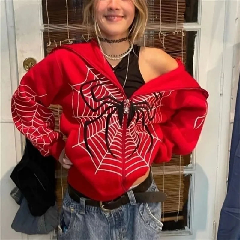 Kadın Hoodies Sweatshirts Örümcek Web Kırmızı Hoodie Sweatshirt Fermuar Sıcak Harajuku Punk Grunge Y2K Giyim Kadın Hip Hop Sweatshirt Hoodie İlginç