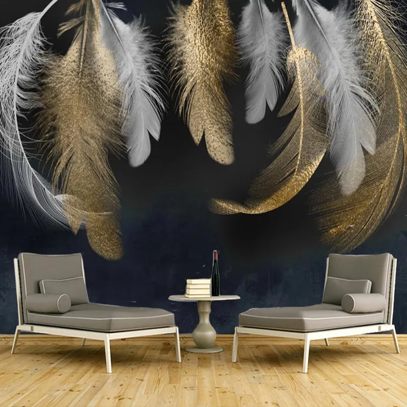 Bakgrunder Anpassad P O Papper 3D Golden Feather Painting Nordic Style Creative Art Papers vardagsrum Vattentäta klistermärken 220927