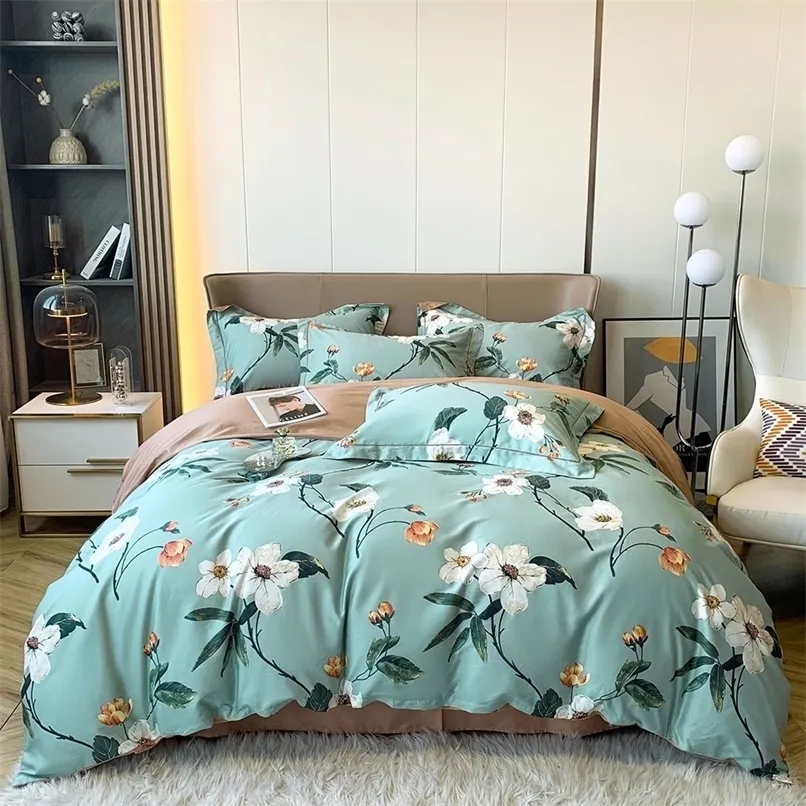 Ensembles de literie Svetanya Fleurs blanches Vert Pastorale Linge de lit en satin de coton égyptien Queen King Size Drap-housse Ensemble de literie Ensemble de housse de couette 220924