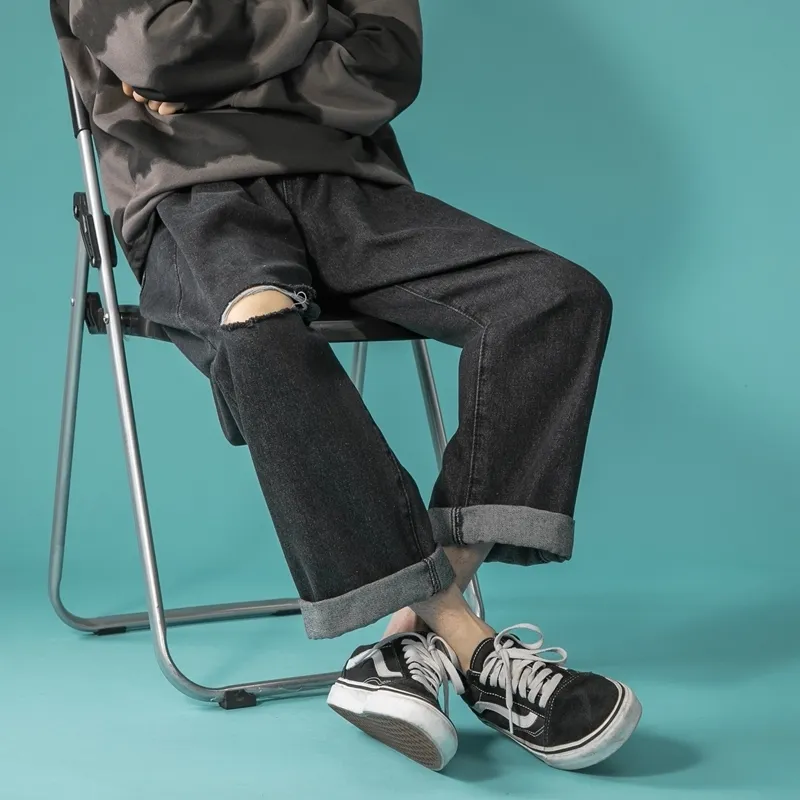 Herr jeans vår höst svart rippade bred ben koreansk stil streetwear baggy ankel längd byxor manliga märke kläder 220927