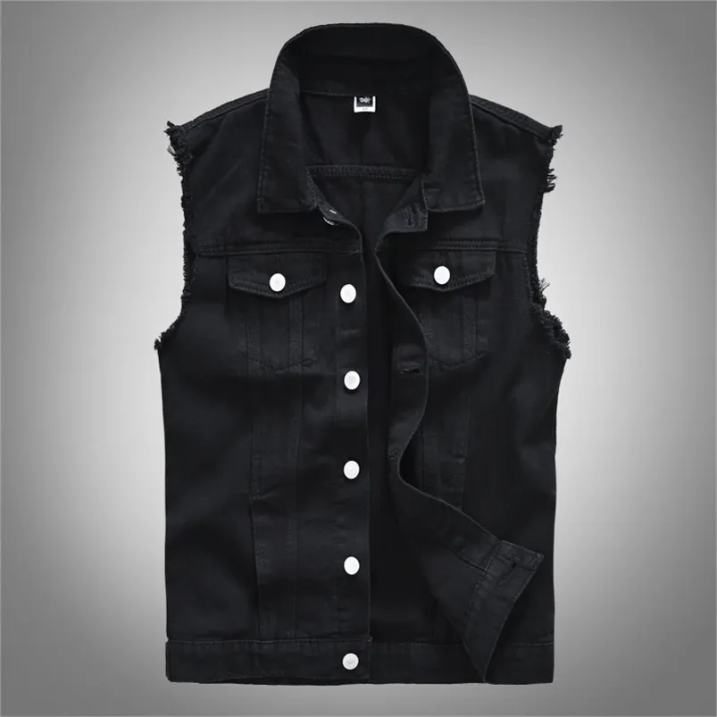 Chalecos de hombre Moda Casual Negro Con capucha Chaqueta de mezclilla sin mangas Estilo Street Punk Múltiples opciones de tamaño M 6XL 220926