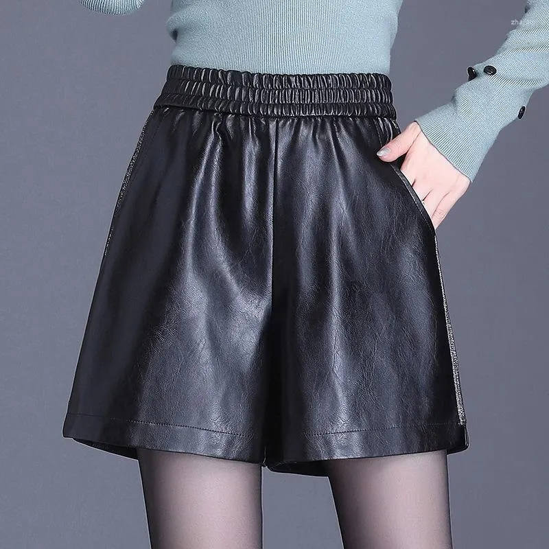 Shorts Pour Femmes Femmes PU Cuir Automne Et Hiver Style Taille Haute Lâche Jambe Large A-ligne Bottes Pantalon Droit