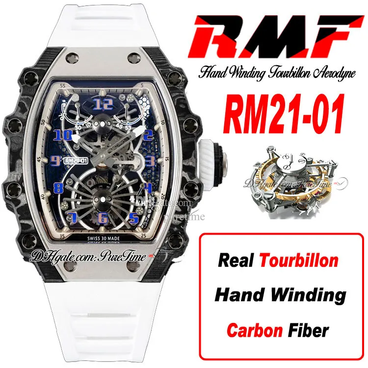 21-01 Real Tourbillon Aerodyne Hand Winding Mens Watch RMF Steel Carbon Fiber Case Skeleton Dial White Rubber Strap Watches Super Edition Puretime B2