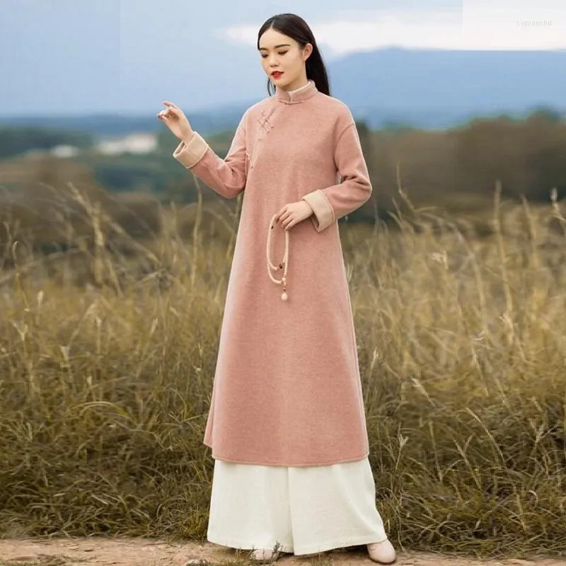 Vêtements ethniques 2022 Hiver Vintage Plaque Boucle Chinois Style Robe Robes Laine À Manches Longues Col Mandarin Femmes Cheongsam Robe FF3037