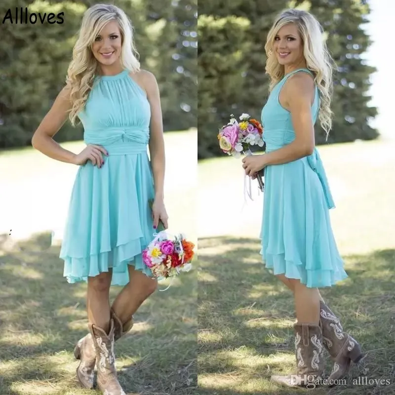 Western Country Cowgirl Short Bridesmaid Dresses Halter Light Sky Blue Chiffon Boho Summer Maid Of Honor Gowns Knee Length Women Wedding Guest Party Dress AL4240