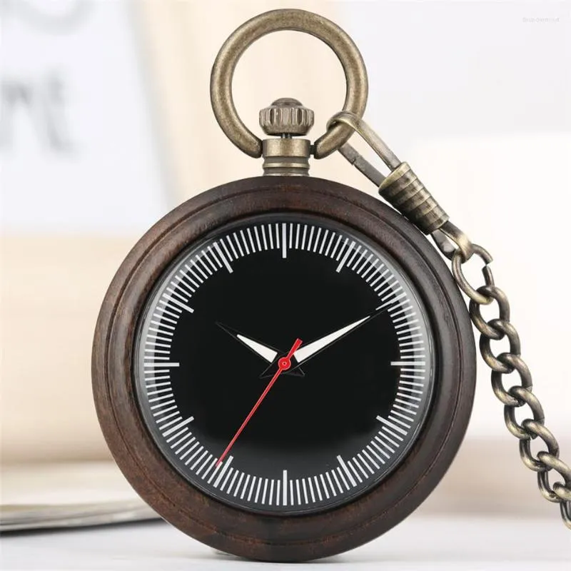 Pocket Watches White Scale Black Dial Quartz Wood Timepiece Bronze Fob Natural Wooden Pendant Watch Red Seconds Luminous Display