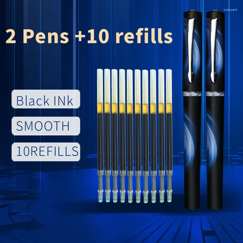 Blue Streamer Signature Pen Black Non-Slip Gel Office Student Writing Water Bace 2Pensと10件の補充