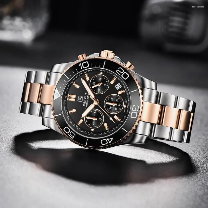 Нарученные часы Benyar Business Men Quartz Watch Luxury Sapphire нержавеющая сталь дайвинг 100 м водонепроницаемый хронограф для Relogio
