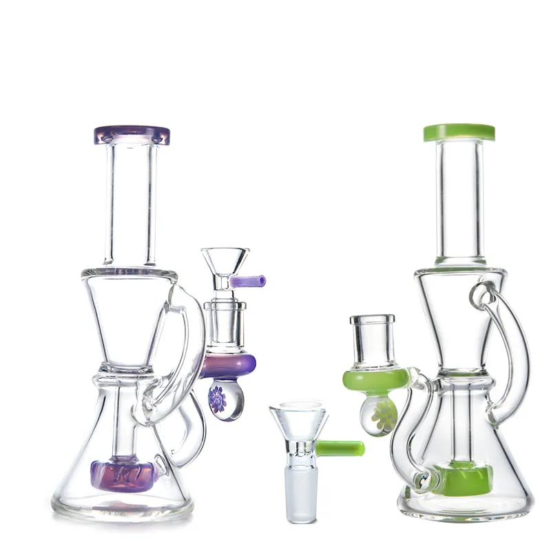 7 pouces Petits narguilés Klein Recycler Bongs Violet Vert Heady Tuyaux d'eau en verre Pomme de douche Perc Pipes à fumer 14mm Joint Dab Rigs avec bol