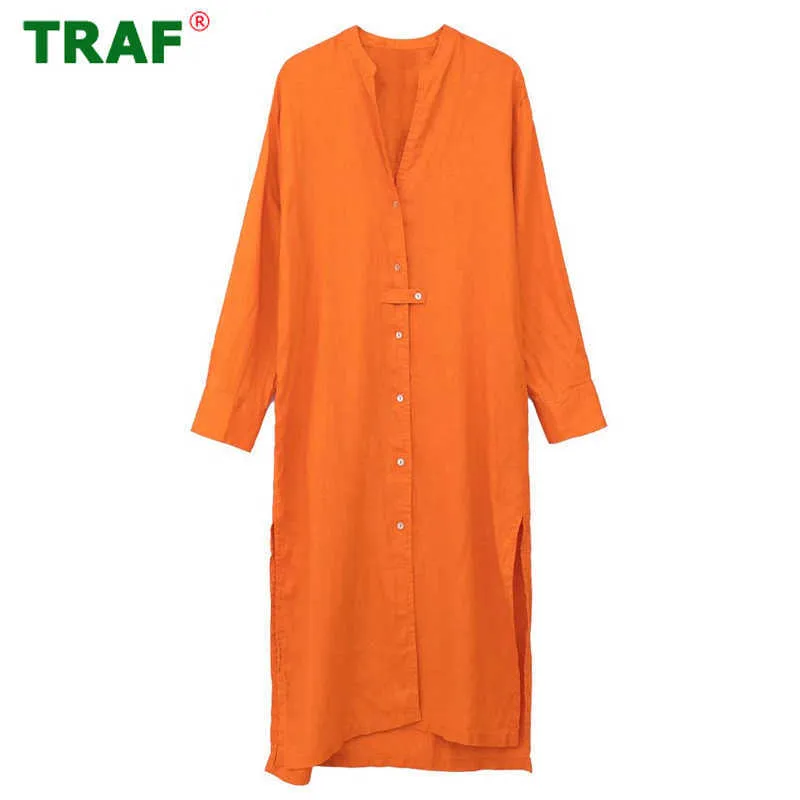 Casual Dresses Traf Orange Shirt Dress Woman Loose Long Dress Women Summer Tunic Kvinnlig klänning Långärmad midi -klänningar för kvinnor 2022 T220905