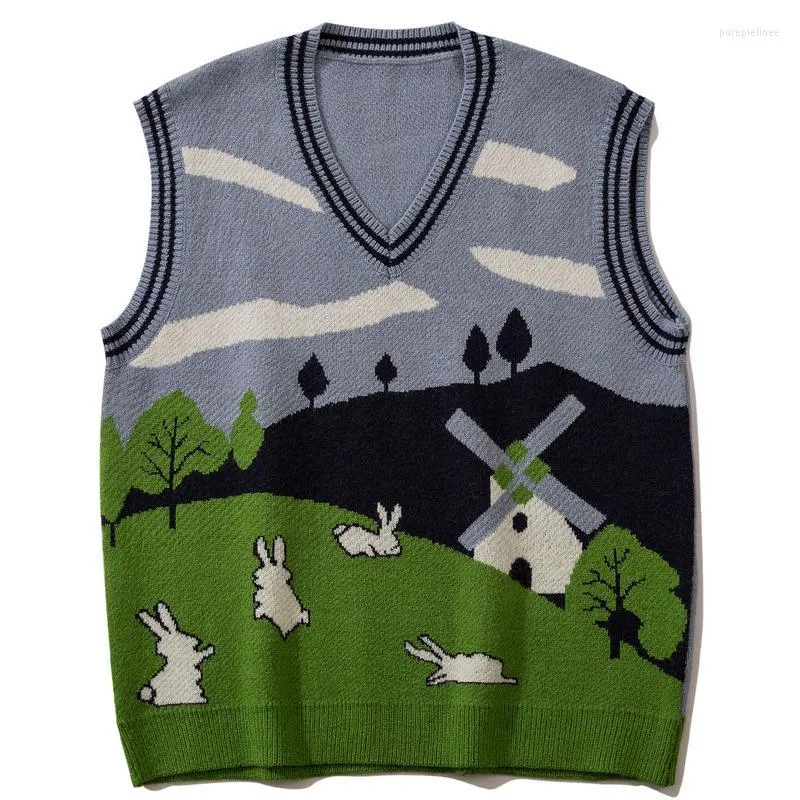 Men's Vests Men's Streetwear Harajuku Grassland Graphic With No Sleeves Loose Sweater Vest Casual Kintted Tank Tops