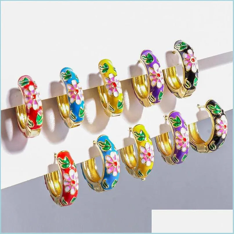 Hoop Huggie Wholesale Fashion Colorf Flower Flower Monicel Small Arrings Gold Metal Circle for Women Charm Jewelry 3431 Q2 Drop D DH1P6