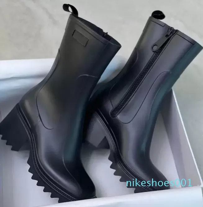 2022 Stiefel PVC Gummi Karree Zehe Dicker Absatz Plateauschuhe Wasserdichte Gummistiefel Regenschuhe 35-40