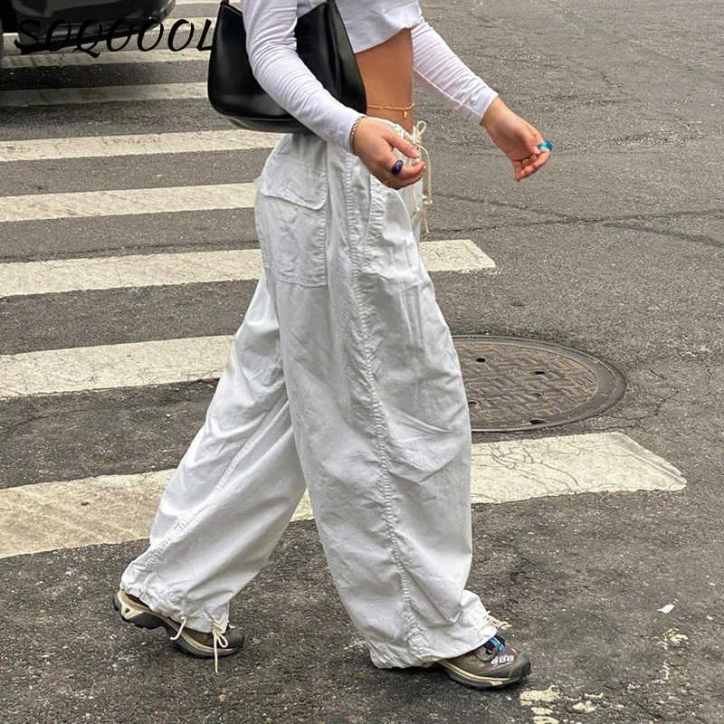 Pantalons Femmes Capris Hippie Y2K Cargo Pantalon Femmes Taille Basse Pantalon De Survêtement Poches À Cordon Baggy Pantalon Large Coréen Vintage Blanc Parachute Pantalon T220926