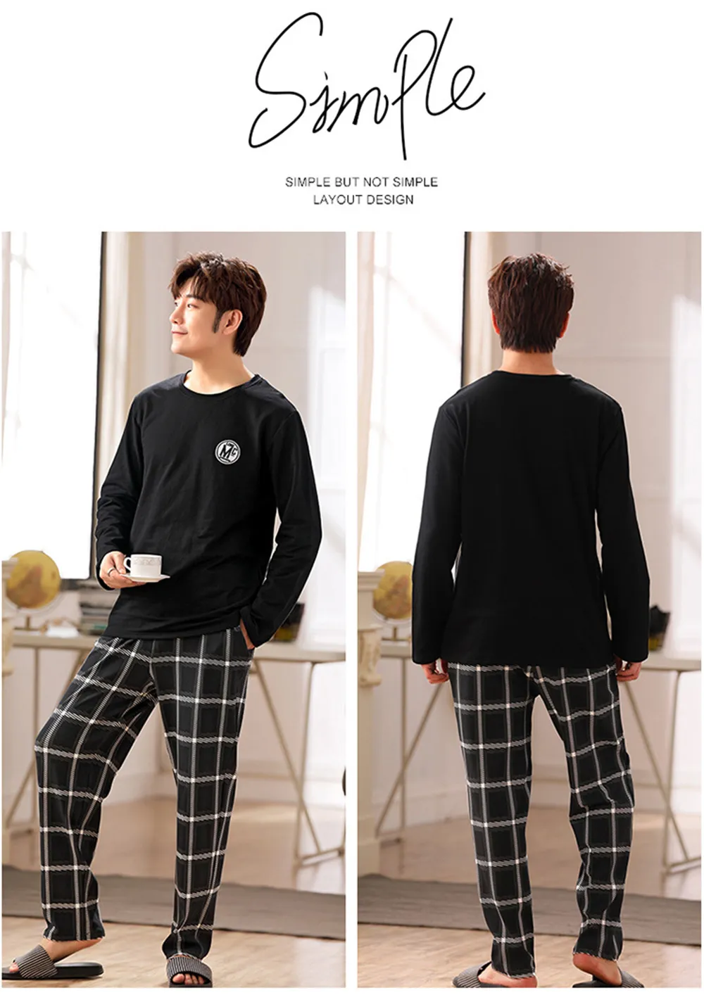 Men's Knitted Cotton Plaid loungewear set - Soft Long