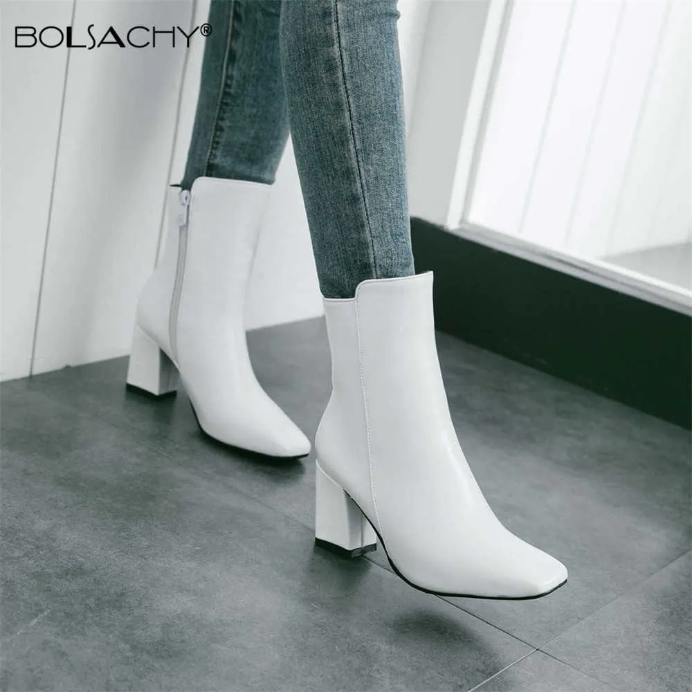 Bottes 2021 Nouveau Automne Hiver Classiques En Cuir PU Rétro Bout Carré Fermeture Éclair Bottines Talon Carré Chaussures Femmes Chaussures Blanc Rouge 32-43 T220926