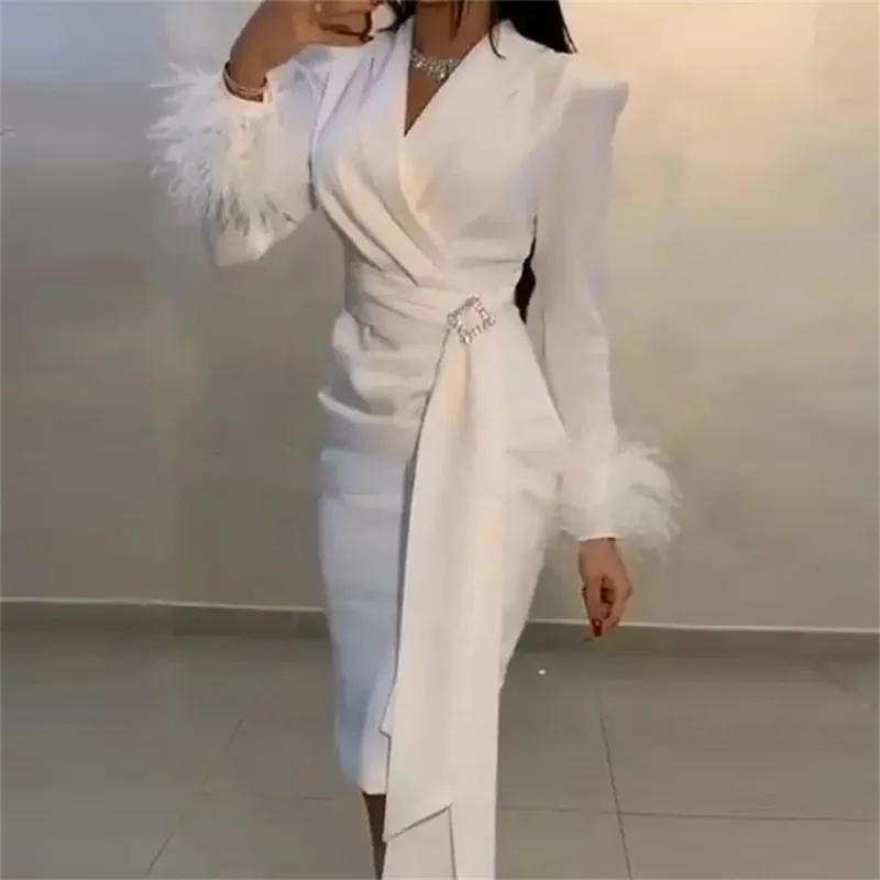 Party Dresses White Prom Dresses Mermaid Satin Long Sleeve Feather Gowns Elegant Short Night Evening Party With Sash 220923