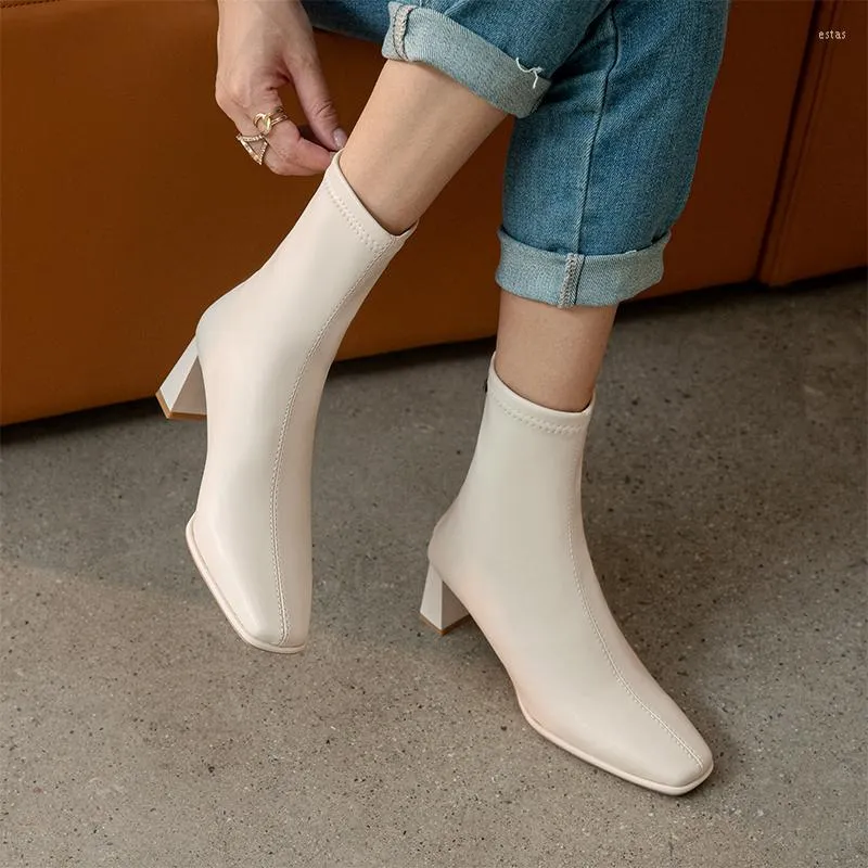 St￶vlar klassiska fyrkantiga t￥ kvinnor ankel ￤kta l￤der blixtl￥s tjock klack h￶g klackar skor mode vinter kvinnliga elastiska strumpor st￶vlar