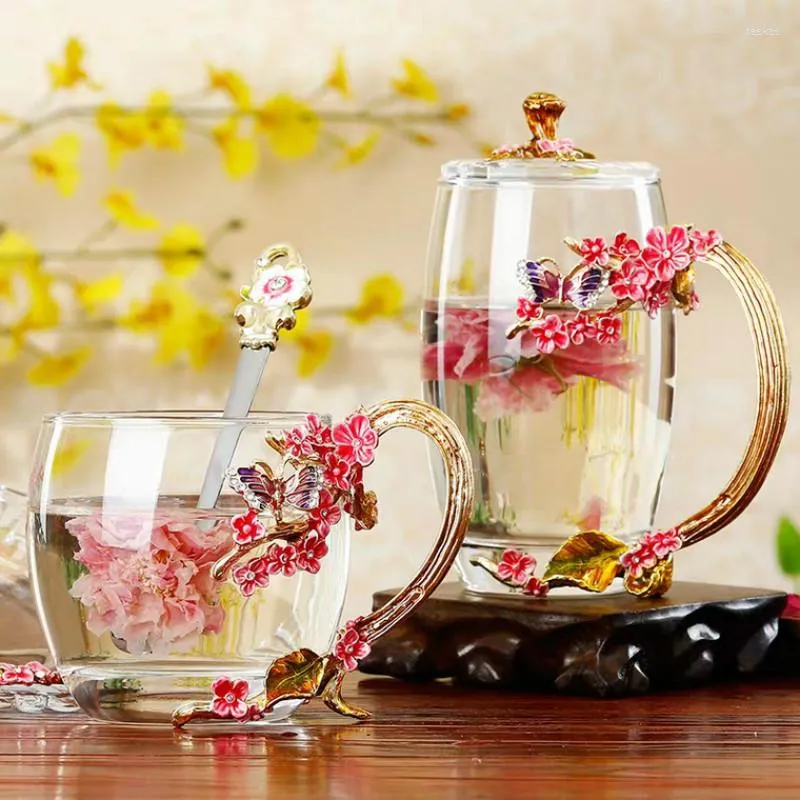 Glass Tea Mugs Home Decoration Color Enamel Flower Tea Cup Glass