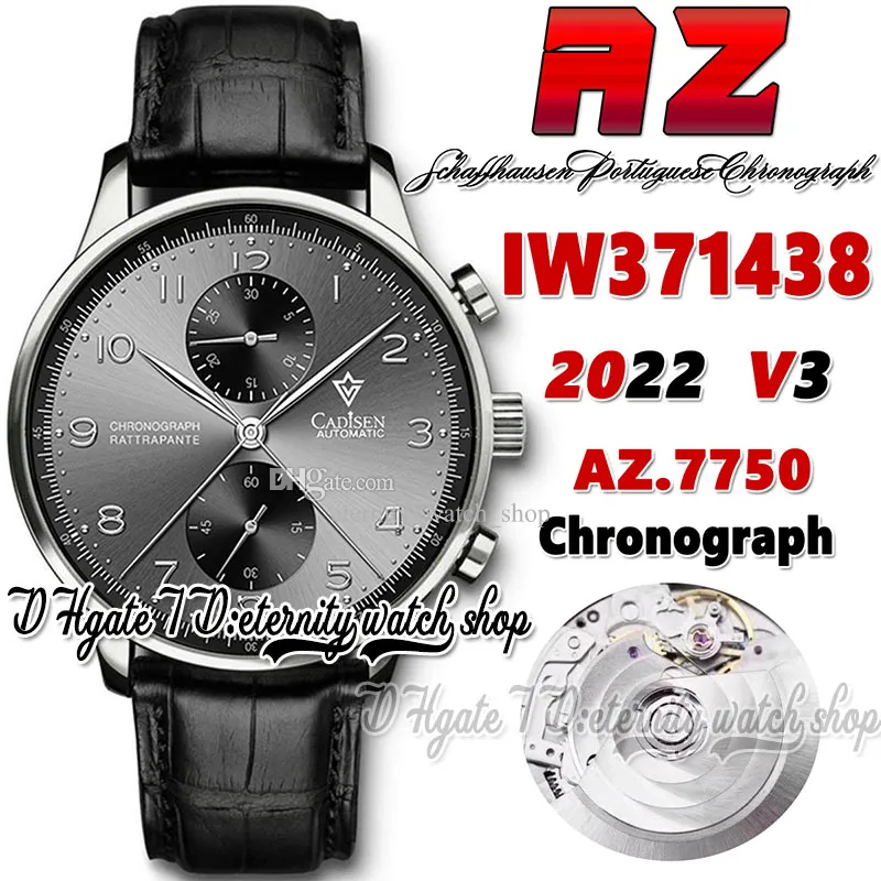 AZF V3 ZF371438 A7750 CRONOGRATO AUTROMÁTICO Mens relógio de discagem cinza Marcadores de número inoxidável Caixa preta Strap 2022 Super Edition Stopwatch Eternity Watches