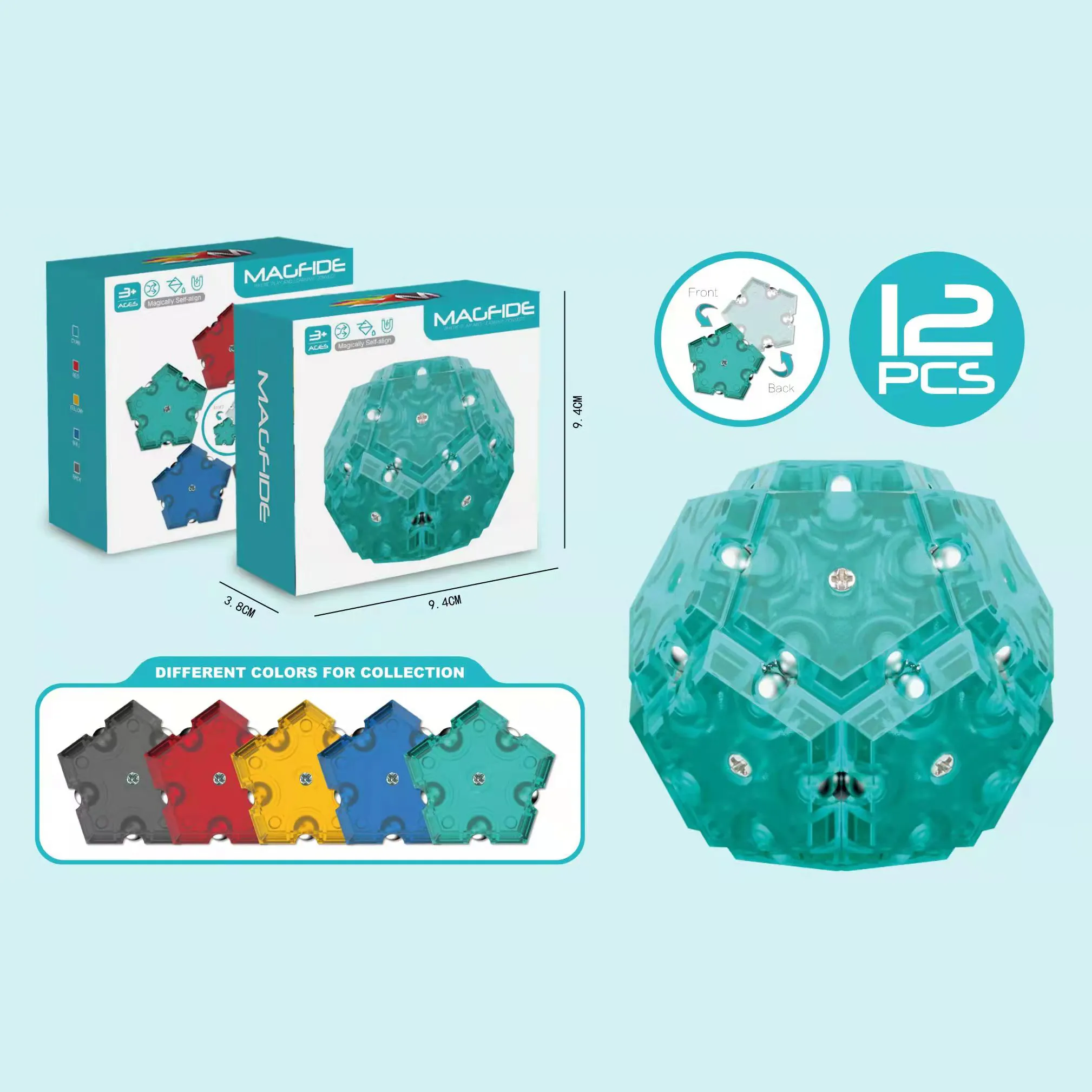 Magnetic Toys Blocks Fidget Sphere Pentagons 12 Piece Set Aqua Building Bricks