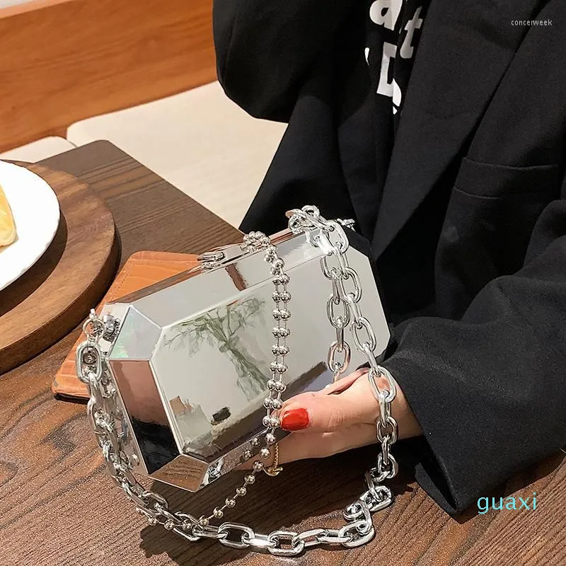 Evening Bags Designer Metallic Chain Ladies Shoulder Fashion Simple Box Messenger Bag Woman Silver Women's