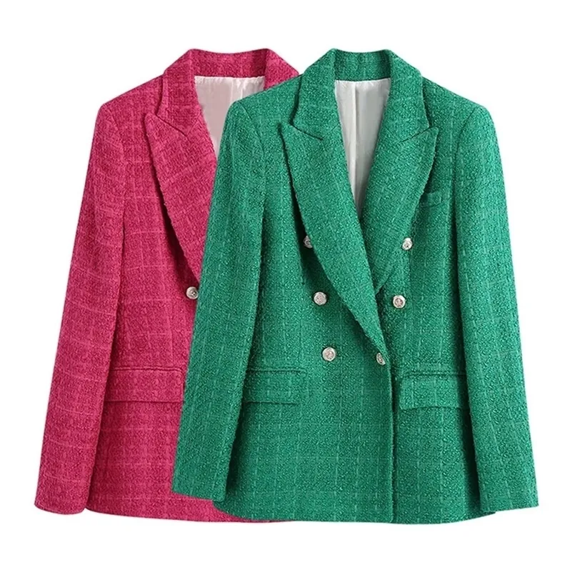 Kurtki damskie Traf Fashion Fashion Dwumiastek Tweed Green Blazer Płaszcz Vintage Long Rleeve Pockets Kobieta Opieka wierzcha Chic Veste 220926