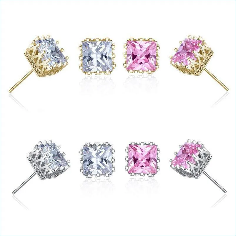 Stud Wholesale Gold Plated Square Zircon Crown Stud Earrings Fashion Party Jewelry Engagement Gift For Women Mixed Colors 1226 B3 Dro Dh0Be